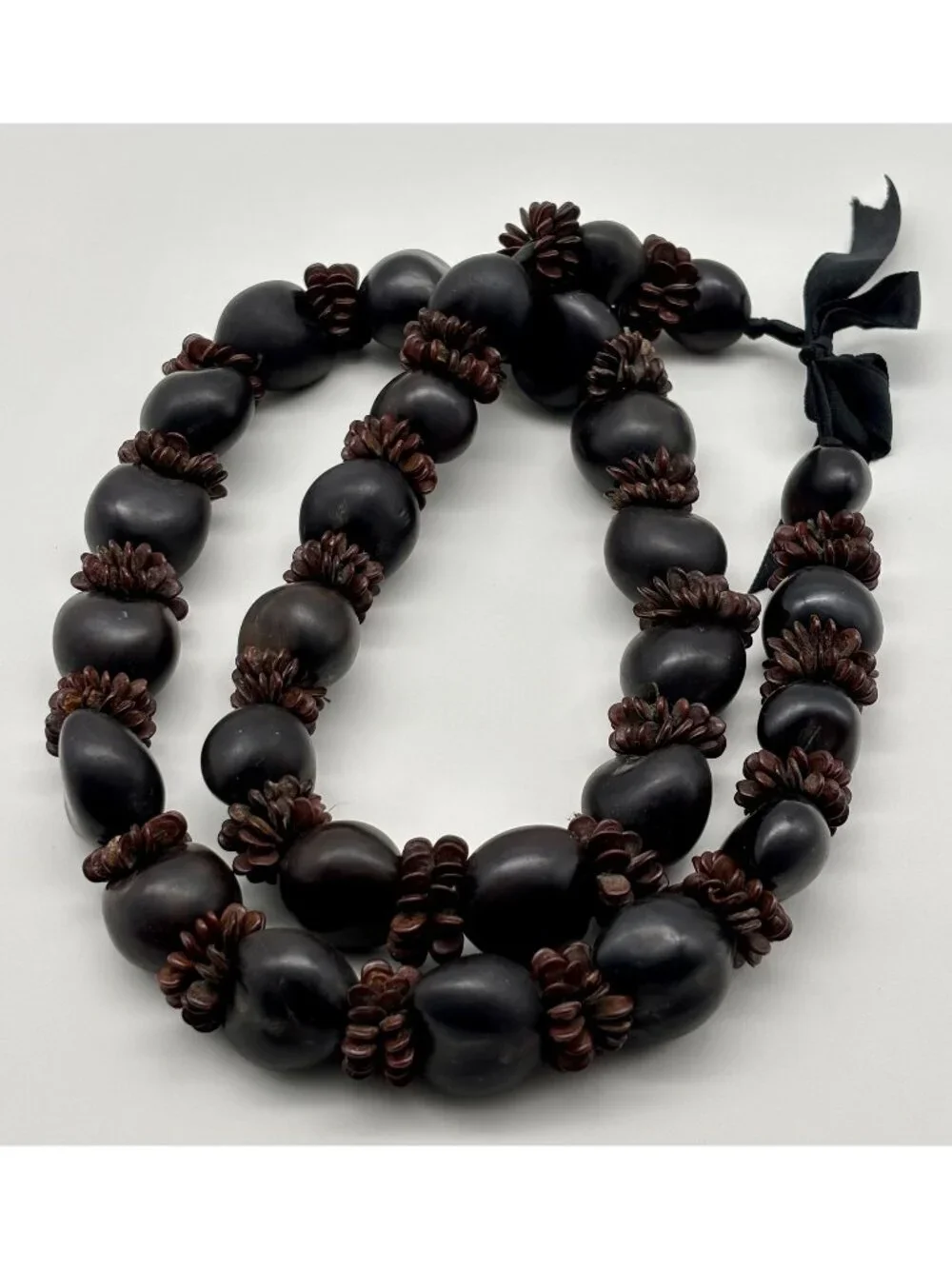 Vintage Hawaiian Lei Kukui Nut And Seeds Necklace With Ribbon Closure, Hand-Made - Picture 1 of 16